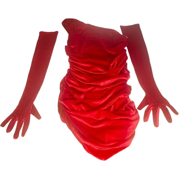 Revolve Miscreants London One Shoulder Midi Red Velvet Dress with Gloves - Picture 2 of 11